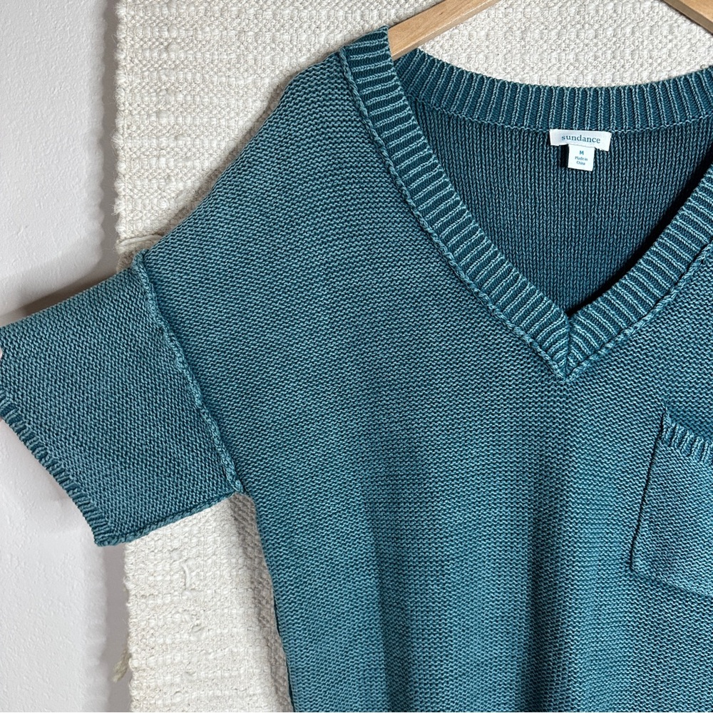 SUNDANCE teal blue short sleeve v-neck Much Loved chunky knit sweater MEDIUM - Picture 3 of 7